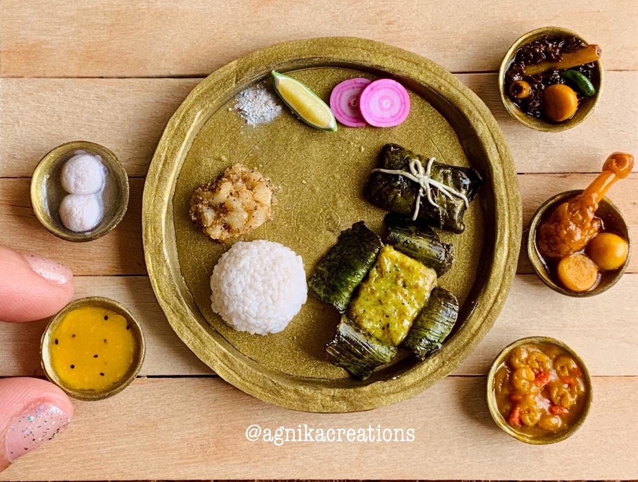 Indian Food Miniature Fridge Magnet, Dollhouse food, Miniature Platter-Bengali Cuisine, 1:12 Scale