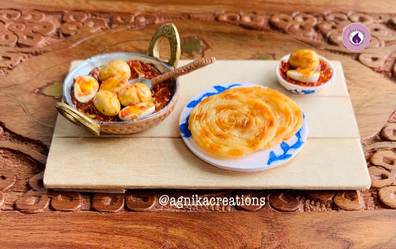 Handmade Dollhouse Food/Fridge Magnet - Miniature Egg Chilli Curry with Kerala Parotta