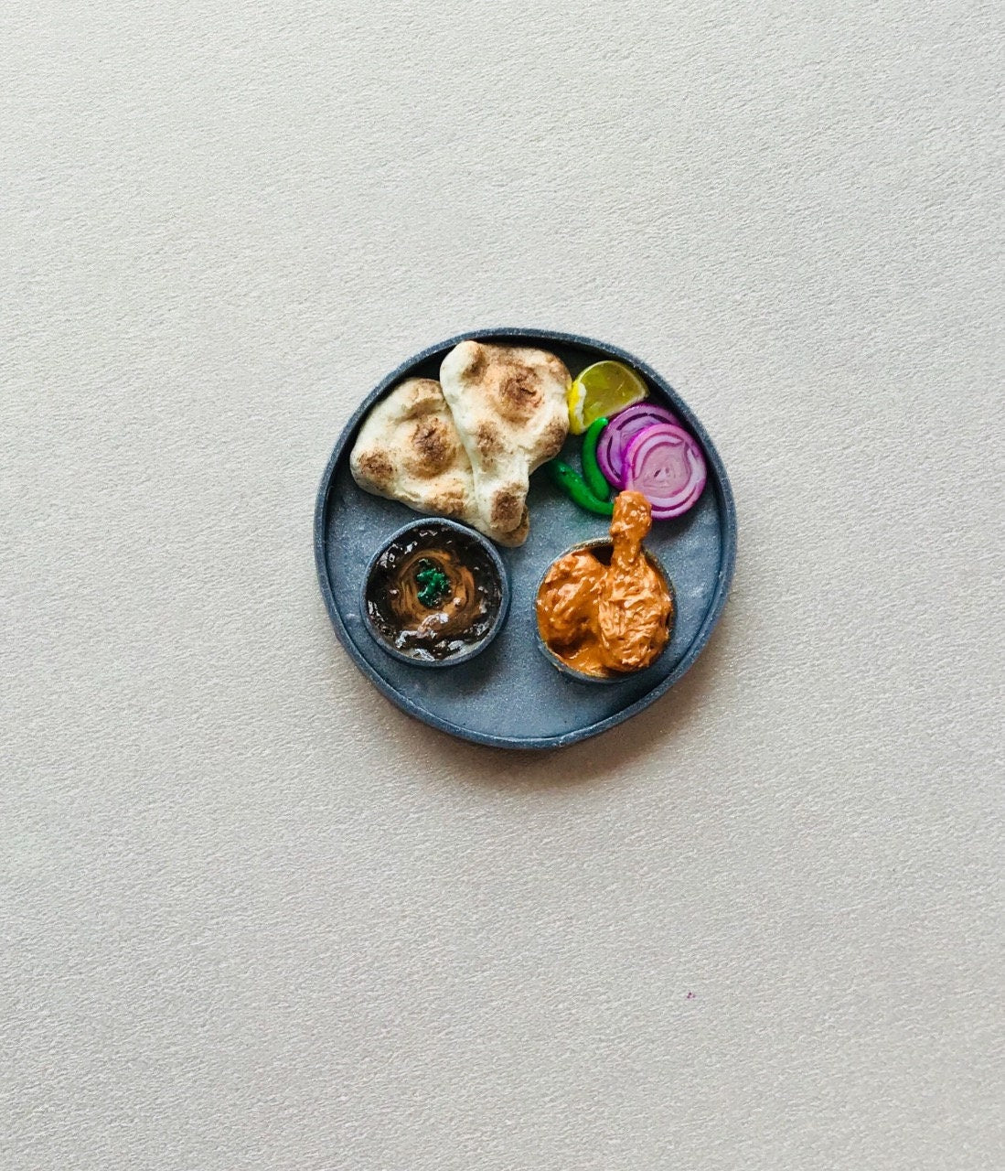 Indian Food Miniature Fridge Magnet, Dollhouse food, Miniature Naan, Kaali Dal & Chicken Curry, 1:12 Scale