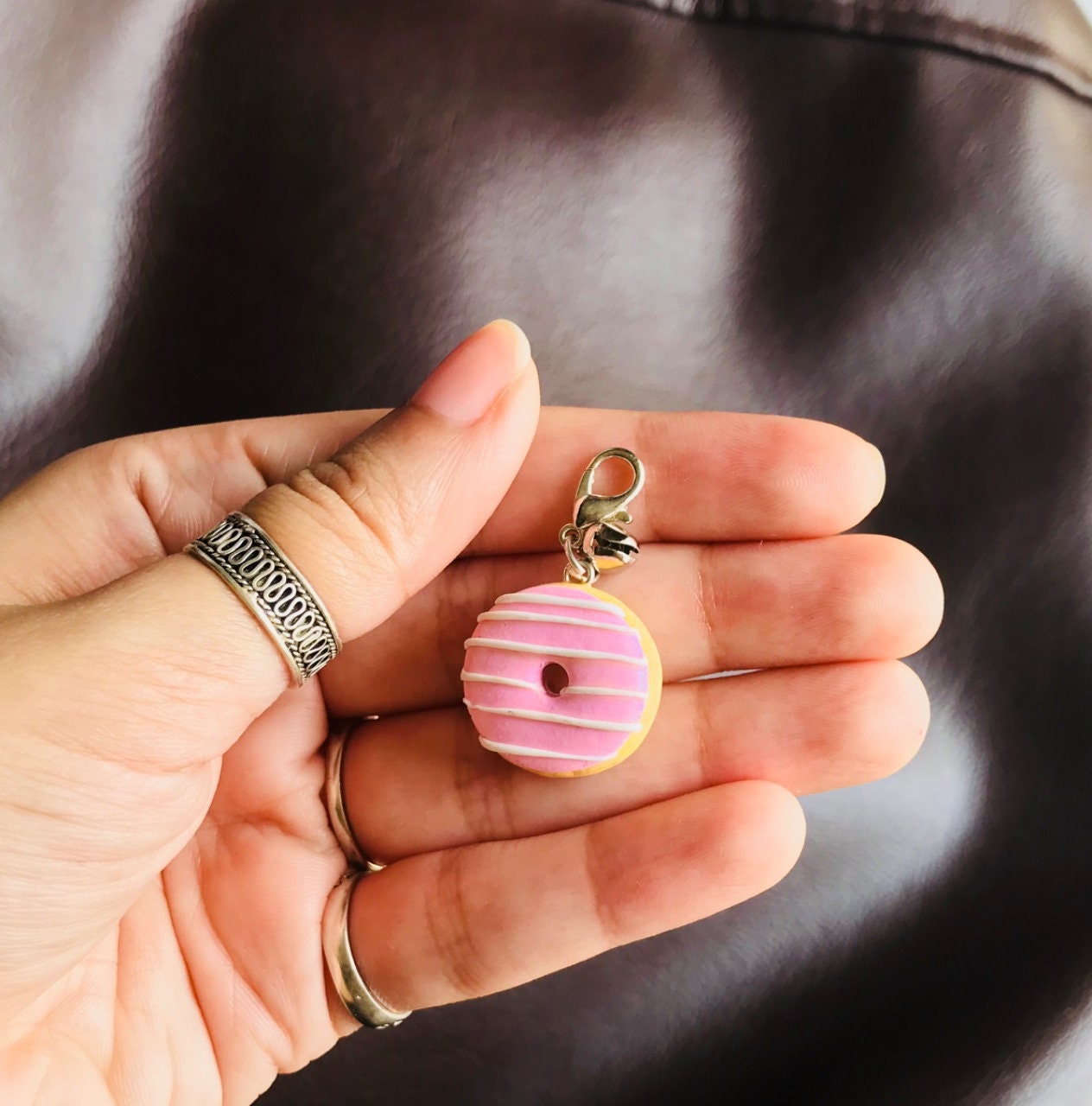 Mini Strawberry Donut Bag Charm, polymer clay charm, miniature food charm, planner charm, miniature donut charm