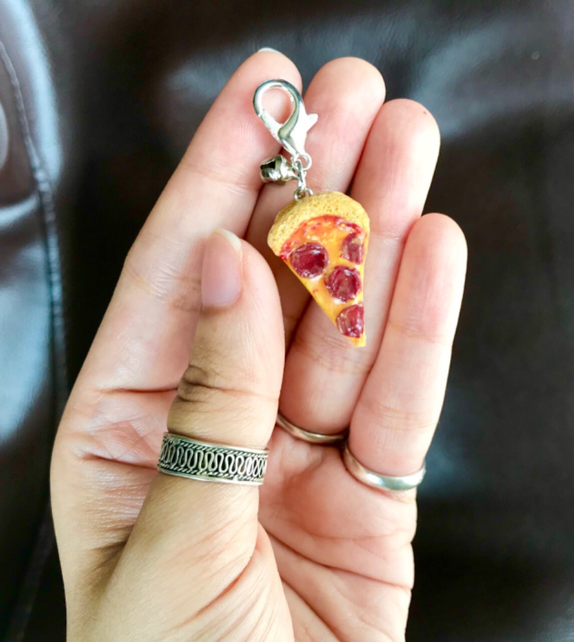 Mini Pepperoni Pizza Slice Bag Charm, polymer clay charm, miniature food charm, planner charm, miniature pizza charm
