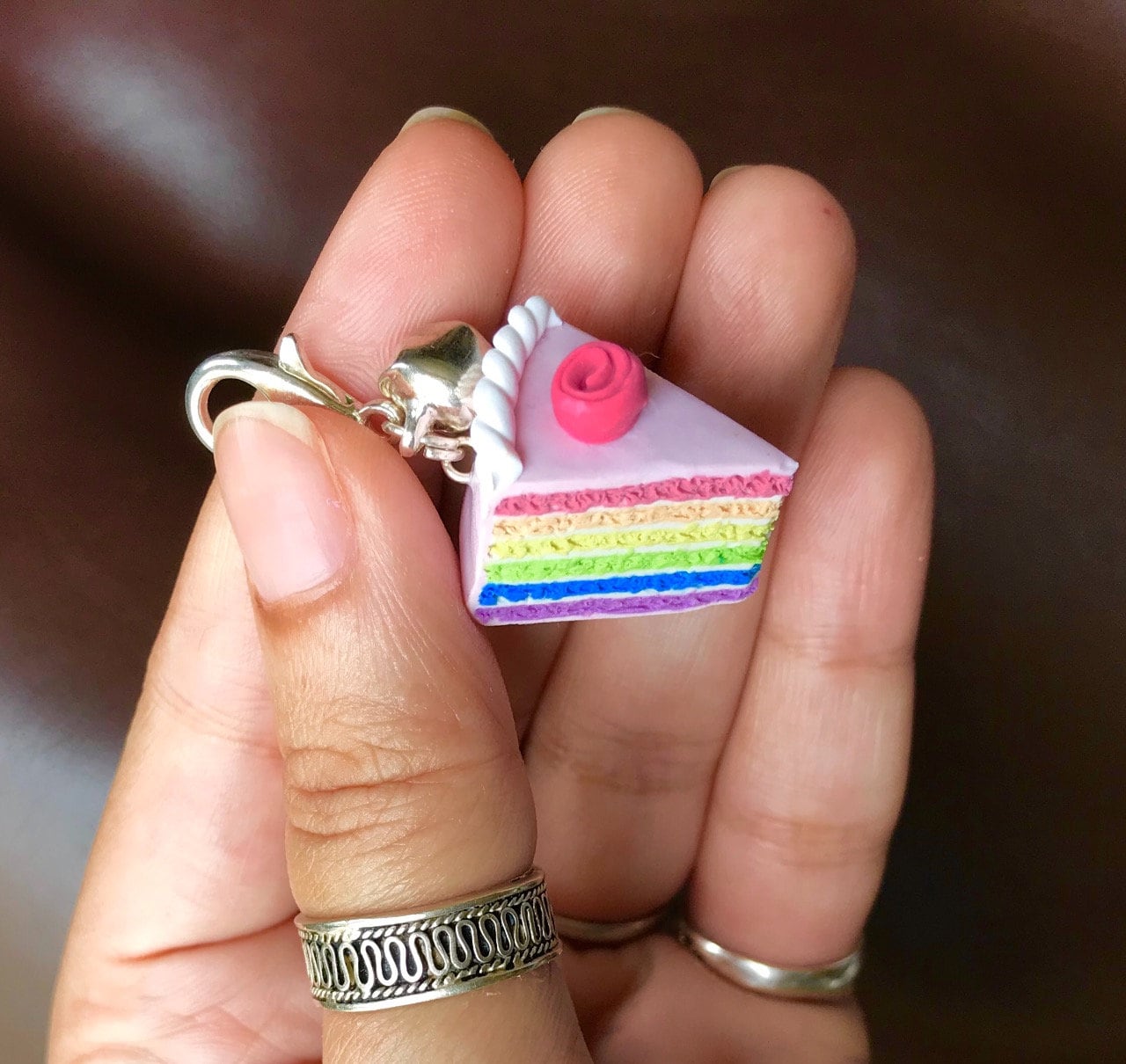 Mini Rainbow Cake Slice Bag Charm, polymer clay charm, miniature food charm, planner charm, miniature rainbow cake charm