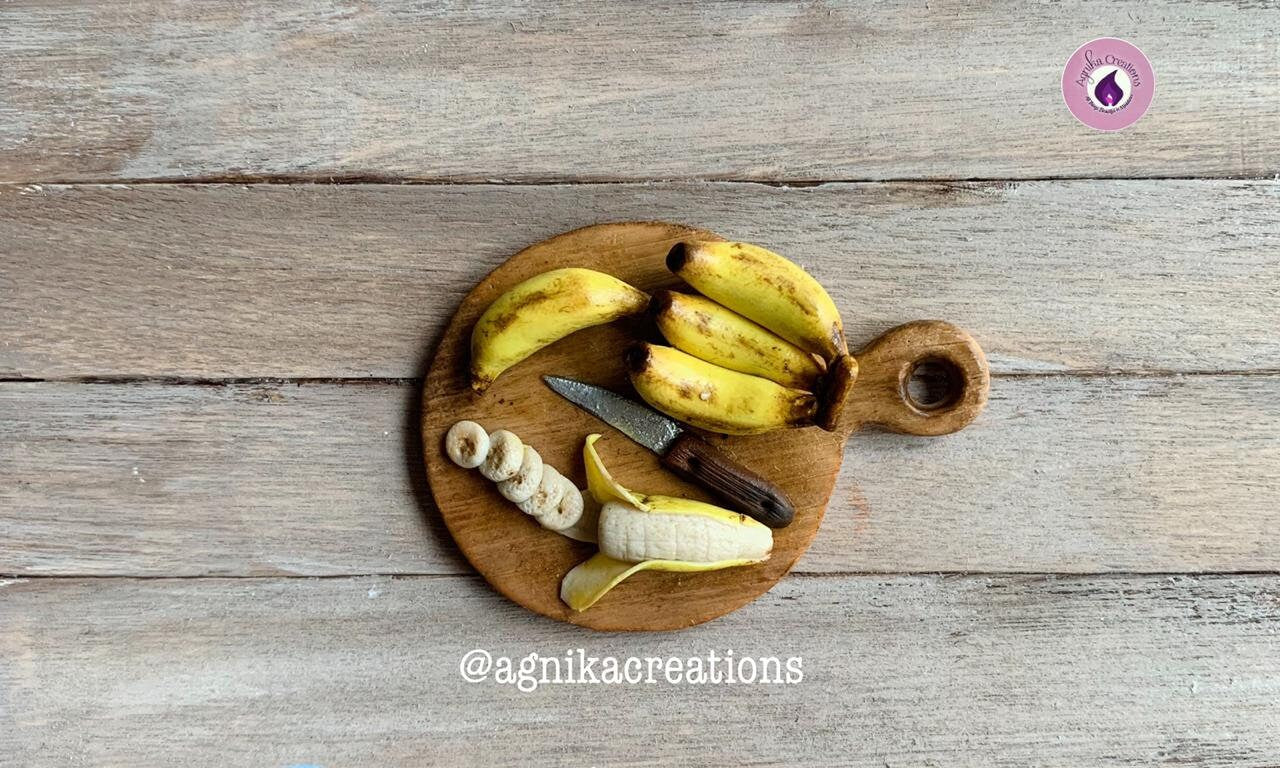 Handmade Dollhouse Accessory/Fridge Magnet - Miniature Bananas on Cutting Board