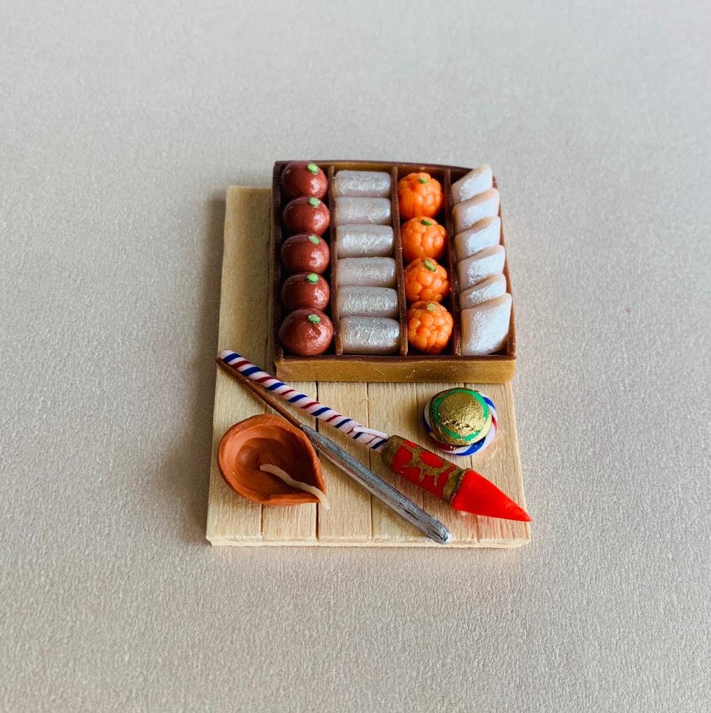 Indian Festival themed Miniature Fridge Magnet,Dollhouse Miniature Collectibles, Miniature Diwali Gift (Sweets, Lamp & Fireworks) 1:12 Scale