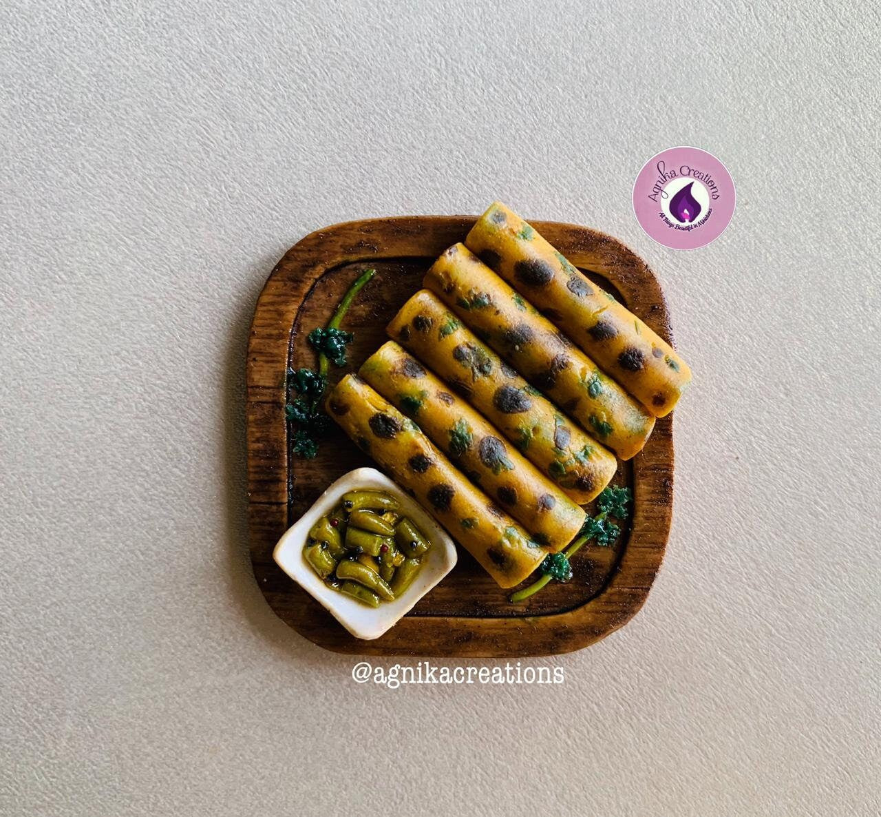 Indian Food Fridge Magnet, Handmade Dollhouse Food, Miniature Methi Thepla with Mirchi ka Aachar, 1:12 Scale