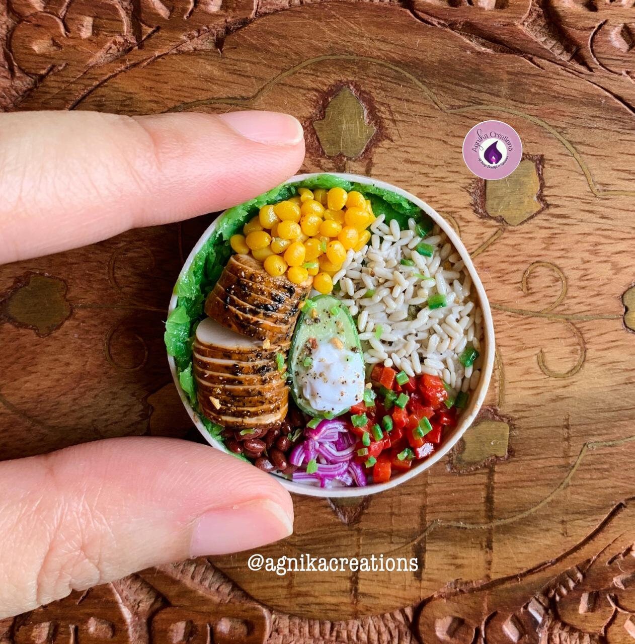 Handmade Dollhouse Food/Fridge Magnet - Miniature Chicken Burrito Bowl