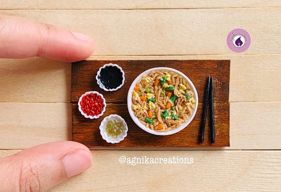 Handmade Dollhouse Food/Fridge Magnet - Miniature Chicken Fried Rice with Soy Sauce, Schezwan Sauce and Green Chillies in Vinegar