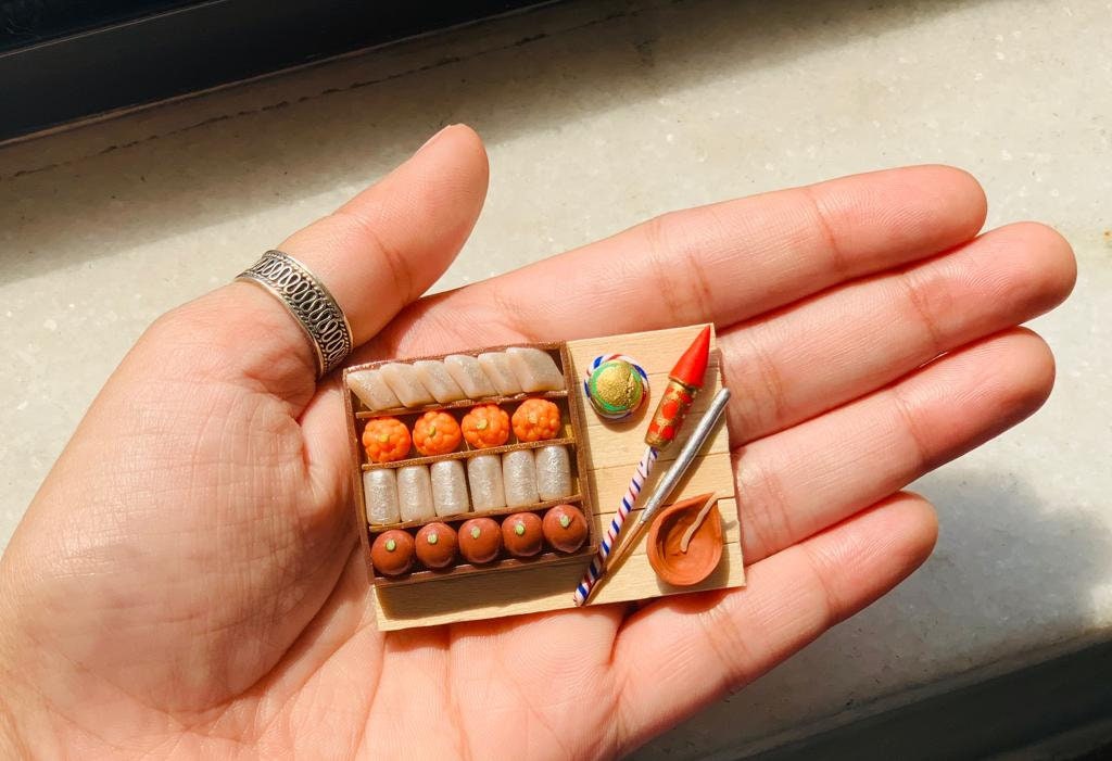 Indian Festival themed Miniature Fridge Magnet,Dollhouse Miniature Collectibles, Miniature Diwali Gift (Sweets, Lamp & Fireworks) 1:12 Scale