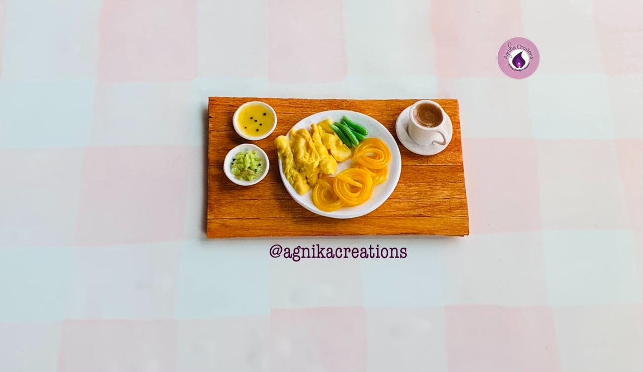 Handmade Dollhouse Food/Fridge Magnet - Miniature Fafda Jalebi with Chai