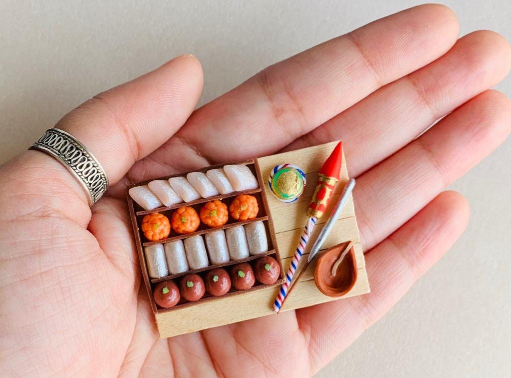 Indian Festival themed Miniature Fridge Magnet,Dollhouse Miniature Collectibles, Miniature Diwali Gift (Sweets, Lamp & Fireworks) 1:12 Scale
