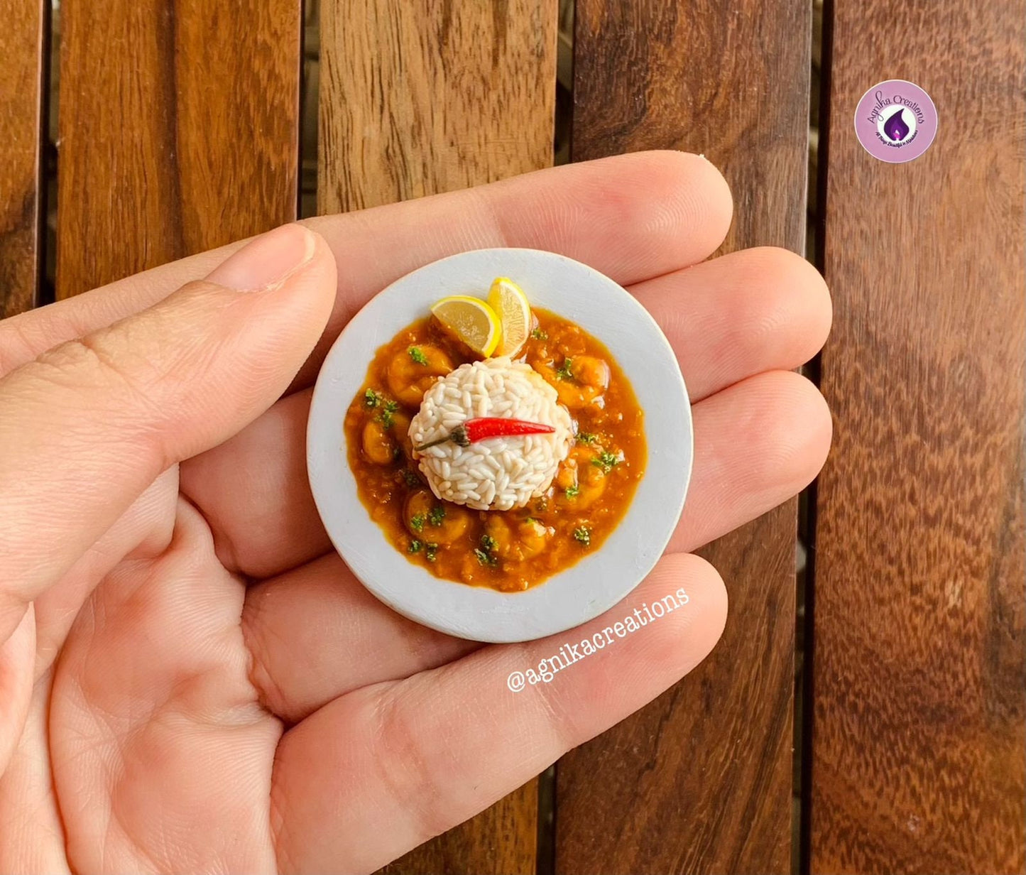 Handmade Miniature Dollhouse/Magnet - Kerala Style Prawn Curry with Rice, 1:12 Scale