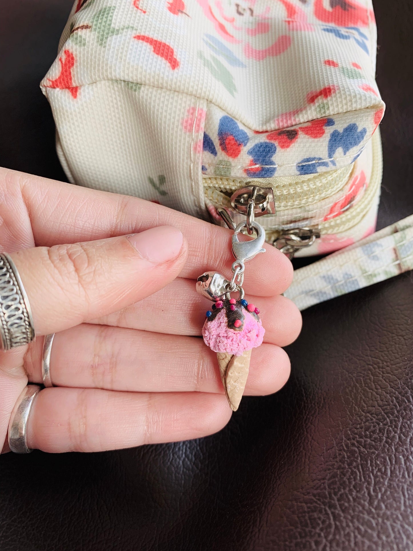 Mini Strawberry Ice-cream in Waffle Cone Bag Charm, polymer clay charm, miniature food charm, planner charm, miniature ice-cream charm