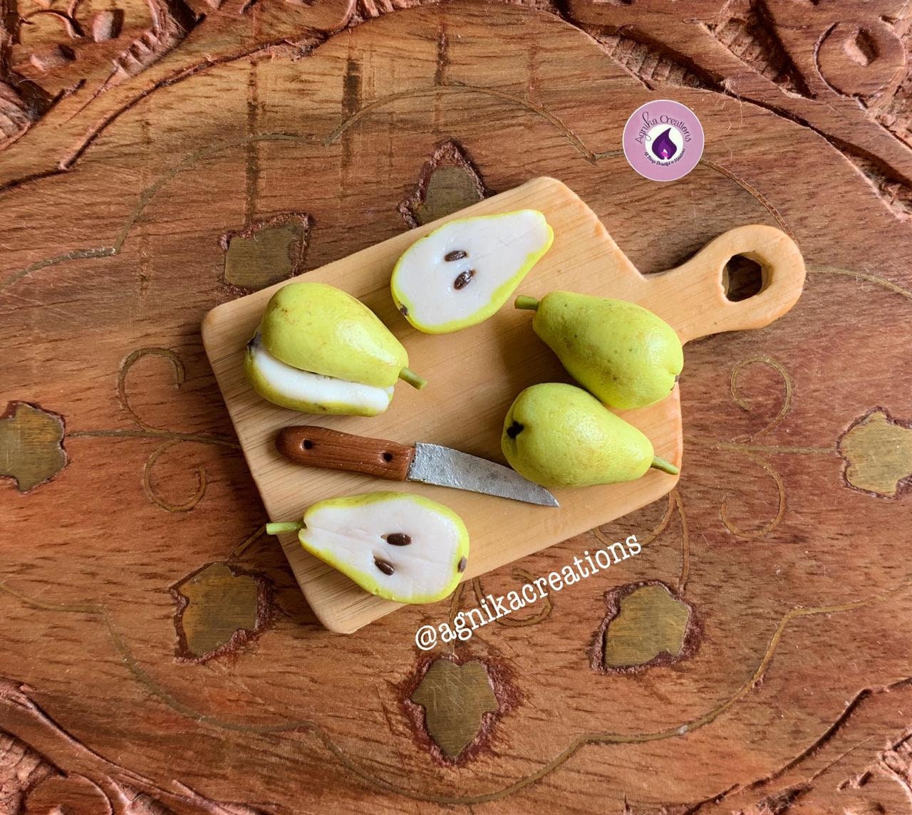 Handmade Dollhouse Food/Fridge Magnet - Miniature Pears on Cutting Board