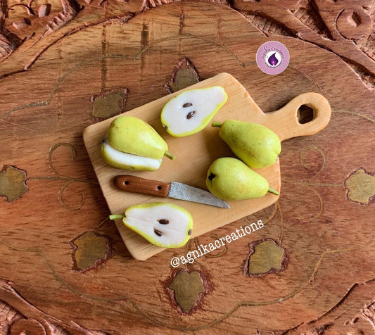 Handmade Dollhouse Food/Fridge Magnet - Miniature Pears on Cutting Board