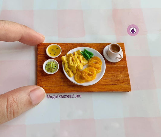 Handmade Dollhouse Food/Fridge Magnet - Miniature Fafda Jalebi with Chai