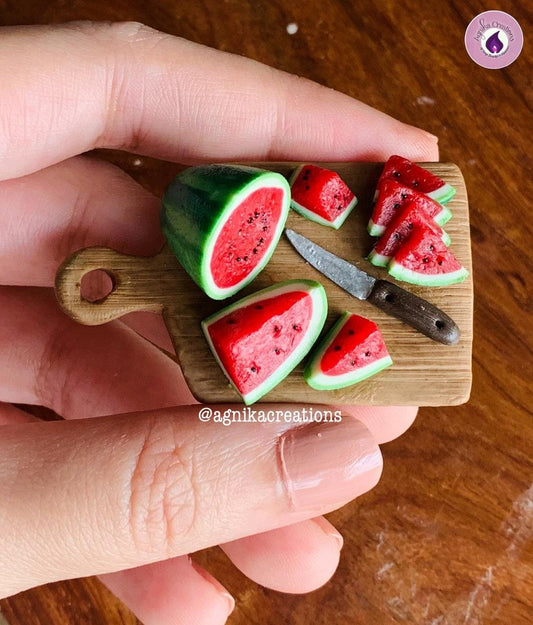 Handmade Dollhouse Food/Fridge Magnet - Miniature Picnic Watermelon on Cutting Board