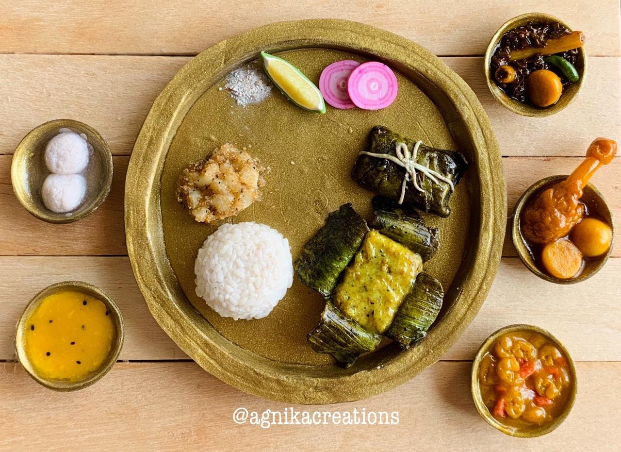 Indian Food Miniature Fridge Magnet, Dollhouse food, Miniature Platter-Bengali Cuisine, 1:12 Scale