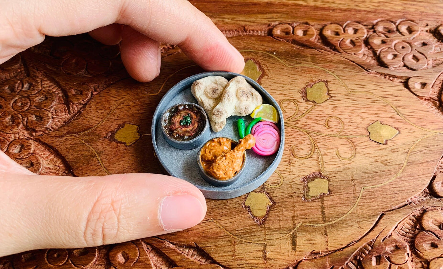 Indian Food Miniature Fridge Magnet, Dollhouse food, Miniature Naan, Kaali Dal & Chicken Curry, 1:12 Scale