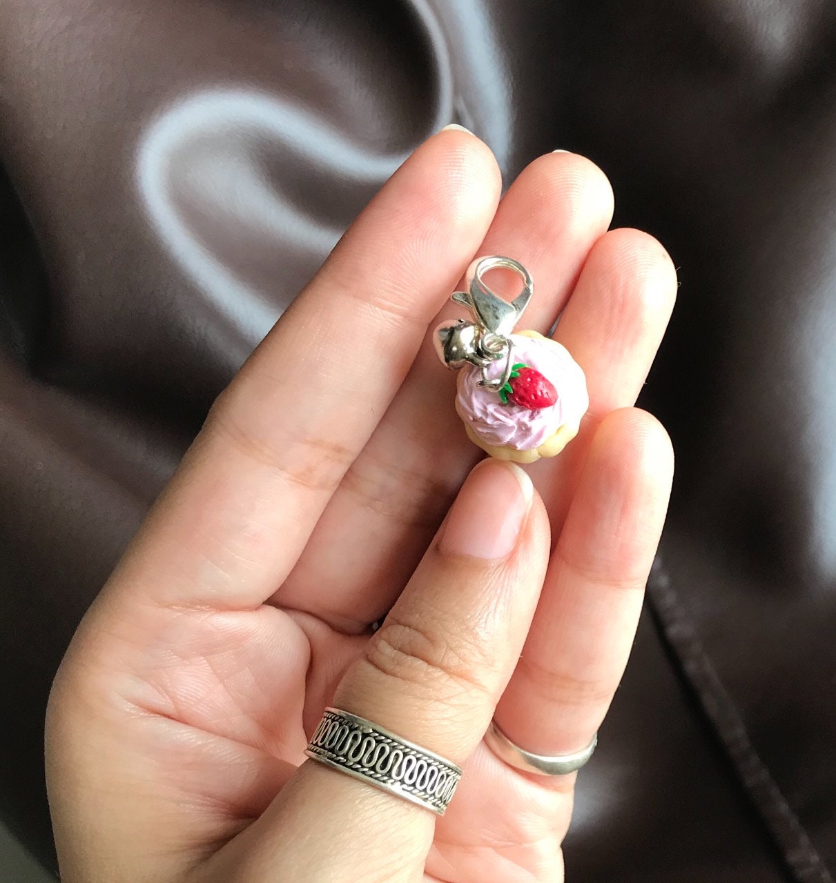 Mini Strawberry Cupcake Bag Charm, polymer clay charm, miniature food charm, planner charm, miniature strawberry cupcake charm