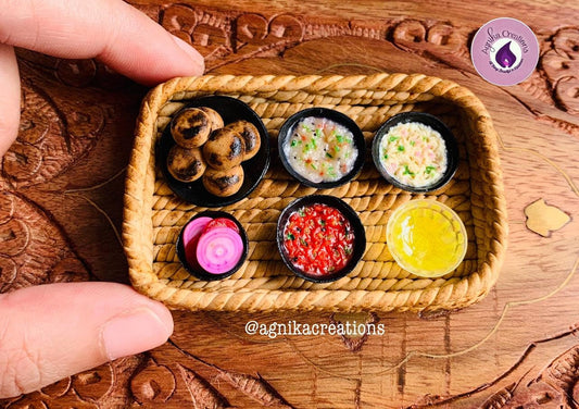 Indian Food Fridge Magnet/Dollhouse food, Miniature Littis with Baingan Chokha, Aloo Chokha, Tamatar Chokha, Melted Ghee & Salad, 1:12 Scale