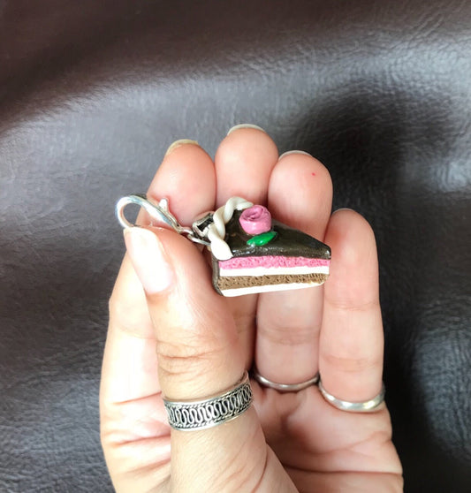 Chocolate Cake Slice Bag Charm, polymer clay charm, miniature food charm, planner charm, miniature chocolate cake charm