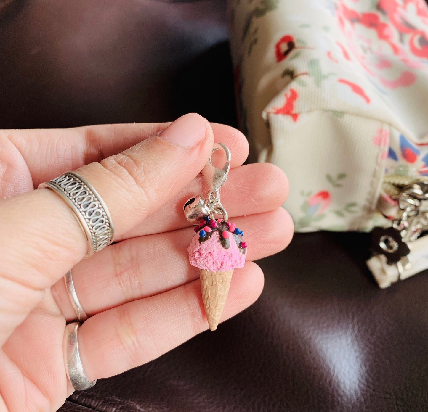 Mini Strawberry Ice-cream in Waffle Cone Bag Charm, polymer clay charm, miniature food charm, planner charm, miniature ice-cream charm