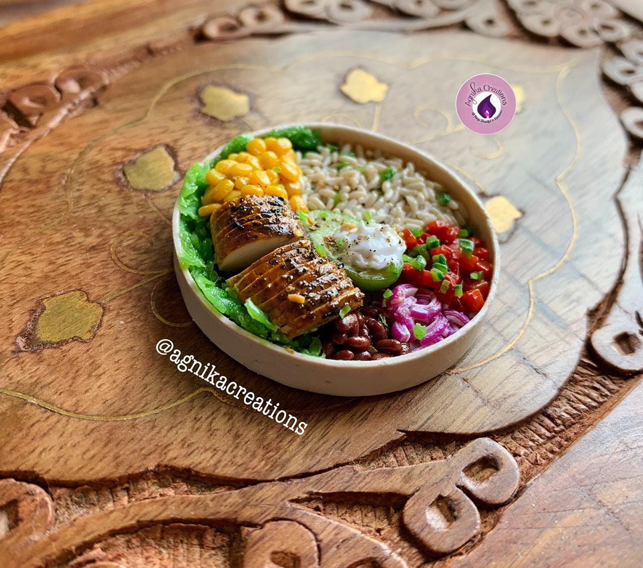 Handmade Dollhouse Food/Fridge Magnet - Miniature Chicken Burrito Bowl