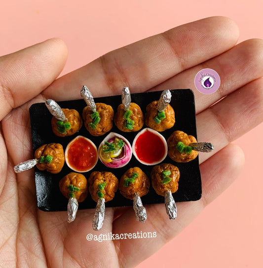 Handmade Dollhouse Food/Fridge Magnet - Miniature Chicken Lollipops with Szechuan Sauce, Onion and Lemon Slices & Ketchup