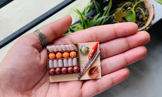 Indian Festival themed Miniature Fridge Magnet,Dollhouse Miniature Collectibles, Miniature Diwali Gift (Sweets, Lamp & Fireworks) 1:12 Scale