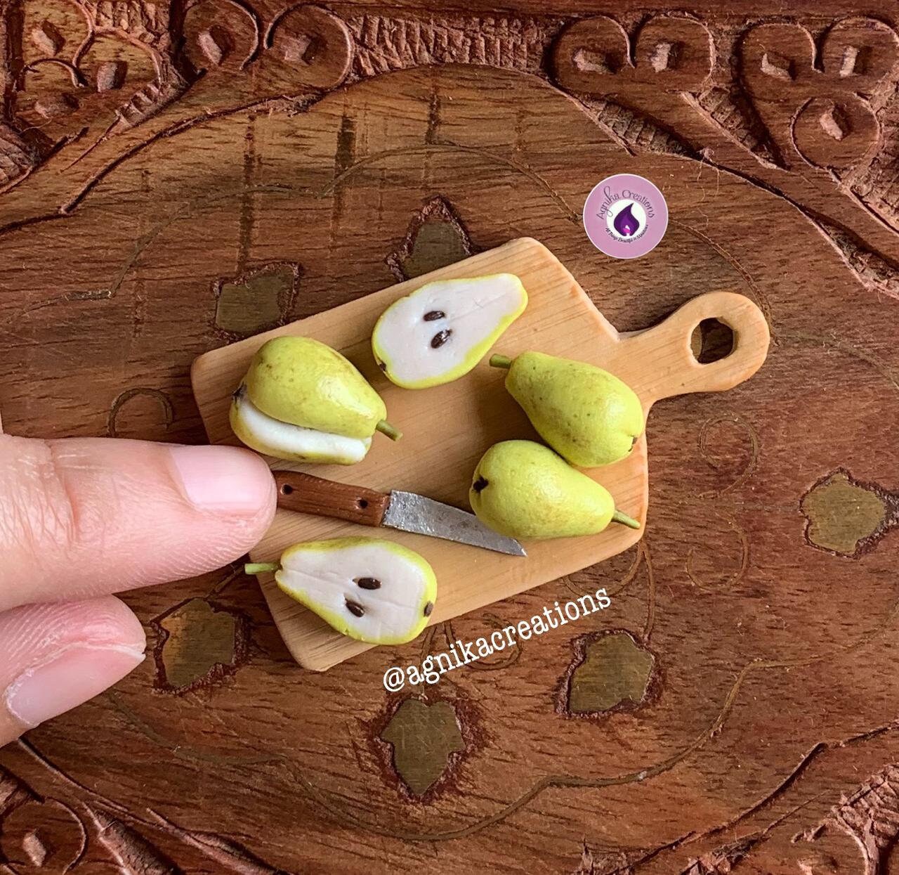 Handmade Dollhouse Food/Fridge Magnet - Miniature Pears on Cutting Board