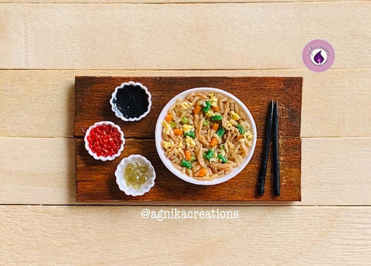 Handmade Dollhouse Food/Fridge Magnet - Miniature Chicken Fried Rice with Soy Sauce, Schezwan Sauce and Green Chillies in Vinegar