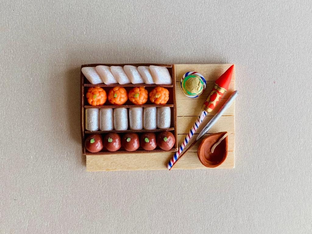 Indian Festival themed Miniature Fridge Magnet,Dollhouse Miniature Collectibles, Miniature Diwali Gift (Sweets, Lamp & Fireworks) 1:12 Scale