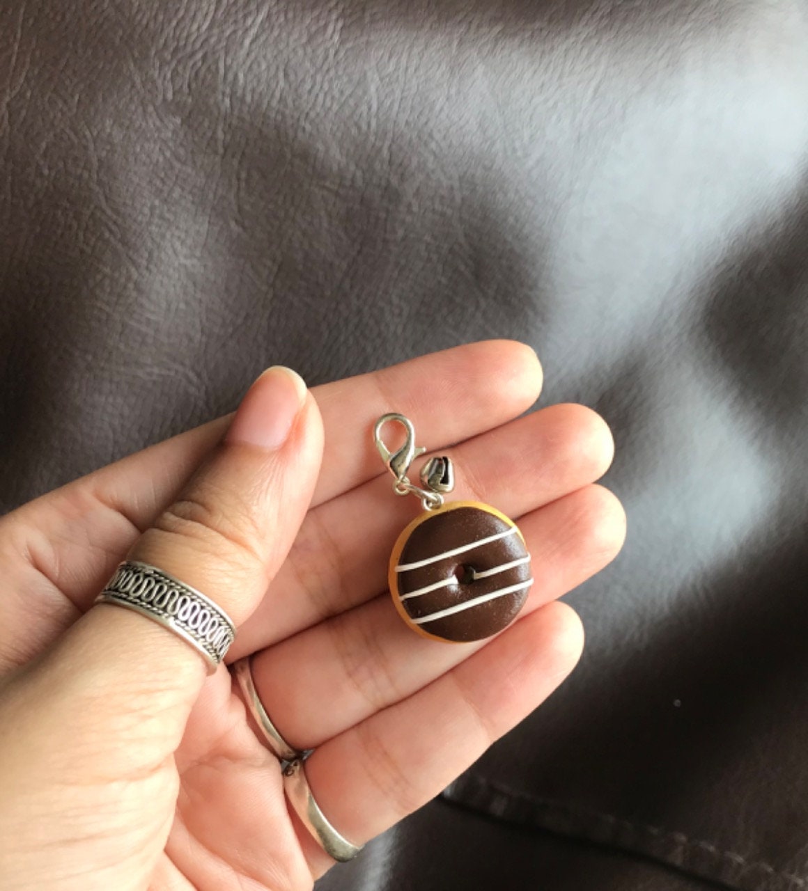 Mini Chocolate Donut Bag Charm, polymer clay charm, miniature food charm, planner charm, miniature donut charm