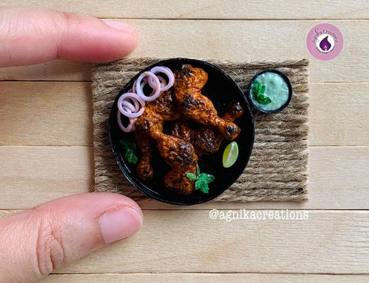 Handmade Dollhouse Food/Fridge Magnet - Miniature Tandoori Chicken with Mint Chutney
