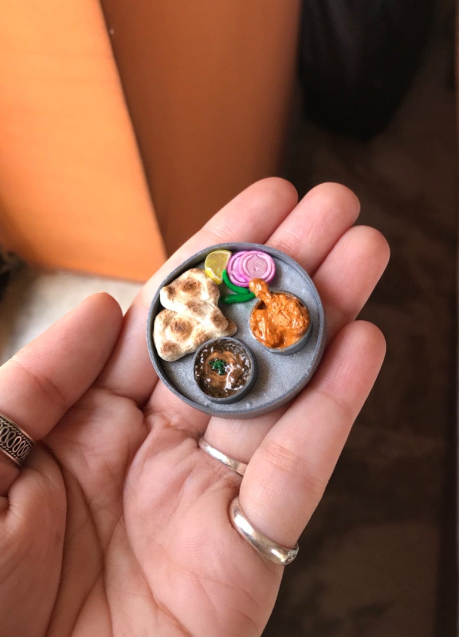 Indian Food Miniature Fridge Magnet, Dollhouse food, Miniature Naan, Kaali Dal & Chicken Curry, 1:12 Scale