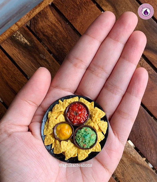 Handmade Dollhouse Food/Fridge Magnet - Mexican Nachos Tortilla Chips with Guacamole, Salsa and Cheese Dip