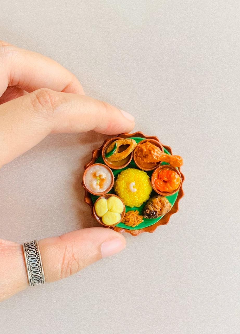 Indian Food Miniature Fridge Magnet, Dollhouse food, Miniature Aiburobhat (Bengali Bridal Shower) Platter, 1:12 Scale