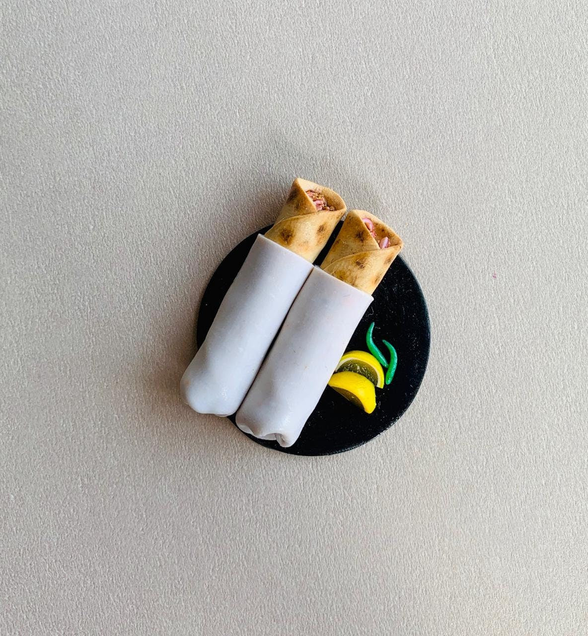 Indian Food Miniature Fridge Magnet, Dollhouse food, Miniature Kati Rolls with chillies and lemon slices, 1:12 Scale