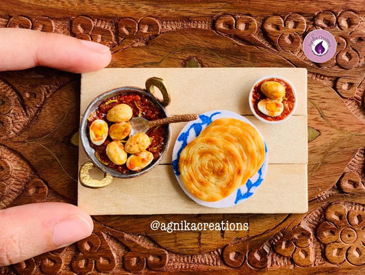 Handmade Dollhouse Food/Fridge Magnet - Miniature Egg Chilli Curry with Kerala Parotta